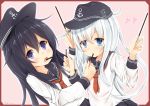  2girls akatsuki_(kantai_collection) anchor_symbol bangs black_hair black_hat black_skirt blue_eyes blush chestnut_mouth eyebrows_visible_through_hair fang flat_cap food food_in_mouth hair_between_eyes hat heart hibiki_(kantai_collection) holding holding_food kantai_collection long_hair long_sleeves looking_at_viewer maru_shion multiple_girls neckerchief open_mouth parted_lips pleated_skirt pocky red_neckwear school_uniform serafuku shirt silver_hair skirt very_long_hair violet_eyes white_shirt 