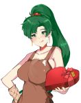  1girl :q absurdres apron blush bow box breasts brown_apron cleavage closed_mouth collarbone cream dotentity earrings eyebrows_visible_through_hair fire_emblem fire_emblem:_rekka_no_ken food food_on_face gift gift_box green_eyes green_hair hand_on_hip head_tilt heart heart-shaped_box high_ponytail highres holding holding_box holding_gift jewelry large_breasts long_hair looking_at_viewer lyndis_(fire_emblem) naked_apron nose_blush oven_mitts red_bow simple_background smile solo tongue tongue_out very_long_hair white_background 
