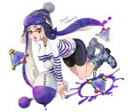  1girl bangs bike_shorts black_shorts blue_footwear blue_hat blunt_bangs bobblehat boots camouflage_footwear domino_mask english fang floating goggles goggles_on_headwear hat holding holding_weapon inkling inkling_(language) long_hair long_sleeves looking_at_viewer luna_blaster_(splatoon) makeup mascara mask mimimi_(echonolog) open_mouth paint_splatter pointy_ears purple_hair red_eyes saliva shirt shorts simple_background single_vertical_stripe ski_goggles solo splat_bomb_(splatoon) splatoon splatoon_1 squid stitches striped striped_shirt t-shirt tentacle_hair thigh_gap torn_clothes torn_shirt weapon white_background white_shirt zombie 