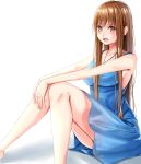  1girl :d amagami_rukichi armpits bangs bare_arms bare_shoulders barefoot blue_dress blush breasts brown_eyes brown_hair collarbone commentary_request dress jewelry long_hair looking_at_viewer looking_to_the_side necklace open_mouth original sera_warheit sitting sleeveless sleeveless_dress smile solo teeth v_arms very_long_hair 