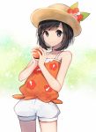  1girl black_hair flower hat hat_flower holding holding_poke_ball mizuki_(pokemon_ultra_sm) poke_ball pokemon pokemon_(game) pokemon_ultra_sm short_hair shorts solo sun_hat tank_top white_shorts yuhi_(hssh_6) 