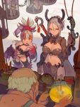  1boy 2girls bald breasts cage caved chains cleavage eyeballs food from_behind grey_hair highres holding large_breasts long_hair looking_at_another midriff minigirl multicolored_hair multiple_girls navel old_man original pelvic_curtain short_hair small_breasts tim_loechner 