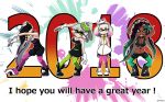  +_+ 2018 4girls ankle_boots aori_(splatoon) arms_up artist_name black_dress black_footwear black_gloves black_hair black_jumpsuit black_shirt black_shorts black_skin boots breasts brown_eyes cleavage closed_mouth commentary_request cousins crop_top crown detached_collar domino_mask dress earrings english eyebrows_visible_through_hair fingerless_gloves food food_on_head gloves green_eyes green_legwear grey_hair hands_together headwear_removed highlights hime_(splatoon) hotaru_(splatoon) iida_(splatoon) jewelry leaning_forward leaning_to_the_side long_hair looking_at_viewer mask medium_breasts midriff mole mole_under_eye mole_under_mouth multicolored_hair multiple_girls navel new_year object_on_head octarian open_mouth paint_splatter pantyhose pantyhose_under_shorts pointy_ears pose purple_legwear shirt short_dress short_hair short_jumpsuit shorts signature sleeveless sleeveless_dress smile splatoon splatoon_1 splatoon_2 squatting standing strapless strapless_dress sushi sweatdrop tentacle_hair usa_(dai9c_carnival) watermark white_dress white_footwear white_gloves white_hair zipper_pull_tab 