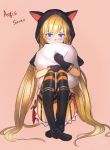  1girl animal_hood bag blonde_hair blue_eyes blush boots character_name copyright_name crossed_ankles garter_straps gloves highres holding_bag hood jinichi knees_to_chest legs_together long_hair looking_at_viewer on_floor orange_background sennen_sensou_aigis seven_(sennen_sensou_aigis) simple_background sitting solo striped striped_legwear thigh-highs thighs twintails very_long_hair 