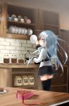  1girl ahoge anchor_symbol black_legwear blue_eyes blue_hair blurry blurry_background blush cabinet cake chocolate chocolate_cake coffee_maker_(object) cup depth_of_field eyebrows_visible_through_hair food fork heart-shaped_box hibiki_(kantai_collection) highres indoors jar kantai_collection kitchen long_sleeves oni_(onirenger) open_box plate profile saucer shelf shiny shiny_hair shirt sideways_mouth slice_of_cake solo standing stone_wall straight_hair thigh-highs verniy_(kantai_collection) wall white_shirt wooden_table zettai_ryouiki 