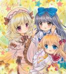 3girls :d :o black_hair blonde_hair blue_dress blue_eyes bow brown_eyes dress drill_hair fairy_wings fang frilled_sleeves frills hair_bow hand_in_hair hand_on_own_chest hat headdress index_finger_raised juliet_sleeves long_sleeves looking_at_viewer luna_child marker_(medium) mob_cap multiple_girls open_mouth pink_dress puffy_sleeves red_eyes ribbon rui_(sugar3) sample sleeves_past_wrists smile star star_sapphire starry_background sunny_milk touhou traditional_media upper_body white_dress wings yellow_background 