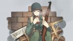  1girl breasts chocolate_bar commentary_request debris eating green_eyes gun helmet highres holding holding_gun holding_weapon mikado_(winters) military military_uniform original rifle sitting snowing solo uniform wall weapon 