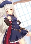  1girl :o azur_lane bangs bare_shoulders beret blue_cape blue_dress blue_hat blunt_bangs blush breasts brown_eyes cape character_name commentary_request curtains detached_sleeves dress dutch_angle eyebrows_visible_through_hair gloves hat highres indoors light_brown_hair long_hair long_sleeves looking_at_viewer looking_to_the_side lying multicolored multicolored_cape multicolored_clothes neu_(frameice) on_back on_bed parted_lips puffy_long_sleeves puffy_sleeves red_cape sleeveless sleeveless_dress small_breasts solo very_long_hair white_gloves window z46_(azur_lane) 