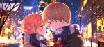  blue_eyes blue_scarf blush brown_hair couple eye_contact from_side gintama gloves hair_between_eyes kagura_(gintama) lens_flare looking_at_another night okita_sougo orange_hair outdoors red_eyes red_gloves road scarf short_hair smile snowflakes snowing street upper_body winter_clothes yamawasabi3 