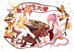  2girls absurdres apron black_legwear blue_eyes bread breasts bun_cover chair china_dress chinese_clothes cleavage cleavage_cutout double_bun dress erect_nipples exeter_(zhan_jian_shao_nyu) food graphite_(medium) hair_between_eyes high_heels highres large_breasts long_hair looking_at_viewer multiple_girls naked_apron onceskylark orange_hair pink_eyes pink_hair ponytail red_apron red_footwear red_scrunchie scrunchie sideboob sidelocks sitting table thigh-highs traditional_media tray very_long_hair white_legwear yellow_apron yellow_footwear york_(zhan_jian_shao_nyu) zhan_jian_shao_nyu 