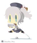  1girl artist_name beret chameleon_man_(three) chibi epaulettes grey_hair hat jumping kantai_collection kashima_(kantai_collection) military military_uniform no_mouth rock simple_background solo twintails uniform white_background 