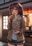  1girl bag black_hair brown_eyes cowboy_shot eating food highres long_hair open_mouth original paper_bag pleated_skirt scarf skirt solo superpig taiyaki wagashi 