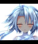  1girl bare_shoulders blue_hair blush commentary_request hair_between_eyes leotard looking_at_viewer neptune_(series) open_mouth portrait power_symbol ray_726 red_eyes short_hair_with_long_locks simple_background solo symbol-shaped_pupils white_background white_heart white_leotard 