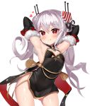  1girl 2drr :q arms_behind_head arms_up azur_lane bangs black_dress black_ribbon blush breasts china_dress chinese_clothes cleavage collared_dress contrapposto covered_navel cowboy_shot detached_sleeves dress eyebrows_visible_through_hair floral_print fur-trimmed_sleeves fur_trim hair_between_eyes hair_ornament hair_ribbon hair_stick heart heart-shaped_pupils long_hair looking_at_viewer nose_blush red_eyes ribbon shiny shiny_hair shiny_skin short_dress silver_hair simple_background sleeveless sleeveless_dress small_breasts solo standing striped symbol-shaped_pupils tassel tongue tongue_out tsurime twintails vampire_(azur_lane) white_background wing_collar 