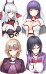  4girls black_hair blonde_hair blue_eyes borushichi breasts breasts_apart brown_eyes carmilla_(fate/grand_order) chains cleavage collarbone detached_sleeves eyebrows_visible_through_hair fate/grand_order fate_(series) hair_between_eyes hair_ribbon highres jeanne_d&#039;arc_(fate) jeanne_d&#039;arc_(fate)_(all) large_breasts leaning_forward long_hair looking_at_viewer midriff minamoto_no_raikou_(fate/grand_order) multiple_girls ponytail purple_hair ribbon saint_martha silver_hair simple_background sketch smile stomach upper_body white_background white_ribbon 