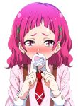 1girl amekasaikuta blush commentary_request covering_mouth eyebrows highres hugtto!_precure looking_at_viewer necktie nono_hana pink_eyes pink_hair precure red_neckwear short_hair simple_background solo upper_body white_background 
