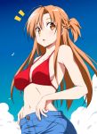  1girl asuna_(sao) bare_arms bare_shoulders bird blue_shorts blue_sky blush braid breasts clouds commentary_request cowboy_shot day french_braid highres long_hair looking_at_viewer midriff navel nori_tamago orange_eyes orange_hair outdoors parted_lips red_bikini_top shorts sideboob sidelocks sky solo standing swimsuit sword_art_online 