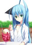  1girl animal_ears blue_hair cat_ears cherry closed_mouth cup drinking_glass drinking_straw eyebrows_visible_through_hair food fruit green_eyes highres holding ice ice_cream ice_cream_float kurimu_(crim_soda) long_hair looking_at_viewer original shirt soda spoon tail white_shirt wine_glass 