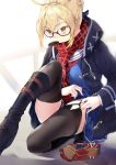  1girl ahoge artoria_pendragon_(all) bangs belt_boots bent_elbow bent_knees black_legwear blonde_hair boots buckle coat cookie eating eyebrows_visible_through_hair fate/grand_order fate_(series) food glasses hair_between_eyes highres looking_down macciatto_(aciel02) multicolored multicolored_clothes mysterious_heroine_x_(alter) scarf short_hair sitting solo thigh-highs white_background yellow_eyes 