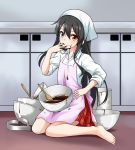  1girl apron bare_legs barefoot bellezza_felutia black_hair blue_eyes blush bowl chocolate chocolate_on_fingers closed_mouth collared_shirt felutiahime finger_to_mouth food food_on_face full_body grey_background head_scarf heart heterochromia highres long_hair long_sleeves looking_at_viewer on_floor original pink_apron plaid plaid_skirt pot red_eyes red_skirt shelf shiny shirt simple_background sitting skirt sleeves_pushed_up smile solo spatula trap valentine very_long_hair white_shirt wing_collar 