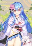  1girl :q alternate_costume arm_rest binan_xian_lu blue_hair dog flower food_themed_hair_ornament grey_background hair_flower hair_ornament highres hinanawi_tenshi japanese_clothes kimono knee_up leaf leaf_background long_hair looking_at_viewer neck_bell obi peach_hair_ornament red_eyes red_ribbon ribbon sash shide sitting solo tongue tongue_out touhou 