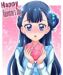  1girl :o bangs blue_eyes blue_hair blush gift hair_bun hair_ornament hanzou happy_valentine heart-shaped_box holding holding_gift hugtto!_precure light_particles long_hair looking_at_viewer open_mouth pink_background precure shirt solo sparkle sweater_vest upper_body white_shirt yakushiji_saaya 