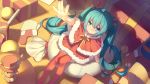  1girl ahoge akabane_(pixiv3586989) arm_support arm_up blue_eyes blue_hair box capelet floating_hair from_above fur_trim gift gift_bag gift_box hair_between_eyes hair_ribbon hatsune_miku highres indoors long_hair miniskirt neck_ribbon orange_ribbon red_legwear red_ribbon red_skirt ribbon sitting skirt smile solo thigh-highs twintails very_long_hair vocaloid wooden_floor zettai_ryouiki 