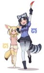  2girls :d animal_ears ankle_boots arm_up arms_behind_back bangs black_bow black_footwear black_gloves black_hair blue_shirt blush boots bow bowtie breast_pocket breasts closed_mouth common_raccoon_(kemono_friends) eyebrows_visible_through_hair fang feathers fennec_(kemono_friends) fox_ears fox_tail fur-trimmed_footwear fur_collar gloves gluteal_fold gradient_clothes grey_legwear highres holding_feather japari_symbol kemono_friends kugi_ta_hori_taira layered_sleeves leg_up mary_janes medium_breasts miniskirt multiple_girls open_mouth pantyhose pink_sweater pleated_skirt pocket puffy_short_sleeves puffy_sleeves raccoon_ears raccoon_tail shirt shoes short_hair short_sleeves silver_hair simple_background skirt smile standing standing_on_one_leg sweater tail thigh-highs thigh_gap white_background white_hair white_skirt yellow_bow yellow_footwear yellow_neckwear zettai_ryouiki 