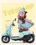  1girl aono3 beanie copyright_name gloves hat highres jacket kagamihara_nadeshiko long_hair moped open_mouth pink_hair scarf smile solo yurucamp 