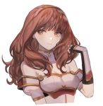  1girl arm_guards armor bangs bare_shoulders black_gloves blunt_bangs breastplate breasts cape celica_(fire_emblem) cleavage closed_mouth collar dress earrings elbow_gloves fingerless_gloves fire_emblem fire_emblem_echoes:_mou_hitori_no_eiyuuou gloves hand_in_hair jewelry long_hair looking_at_viewer off_shoulder red_eyes redhead simple_background small_breasts smile solo tiara upper_body white_background zuizi 