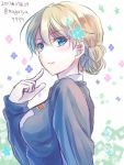  1girl bangs blonde_hair blue_eyes blue_sweater braid closed_mouth darjeeling dated emblem eyebrows_visible_through_hair floral_background from_side girls_und_panzer light_smile looking_at_viewer macho_ojiji school_uniform shirt short_hair solo sweater tied_hair twin_braids twitter_username upper_body white_shirt 