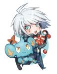  1boy :o ahoge android blue_eyes blush carrying chibi closed_mouth crossover dangan_ronpa holding holding_poke_ball keebo male_focus new_dangan_ronpa_v3 open_mouth poke_ball pokemon pokemon_(creature) round_teeth running shinx silver_hair smug sweatdrop teeth too_many two-tone_background yellow_eyes zuizi 