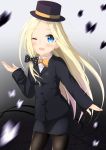  1girl ;d abigail_williams_(fate/grand_order) alternate_costume animal bangs black_bow black_hat black_jacket black_legwear black_skirt blonde_hair blush bow bowtie butterfly collared_shirt commentary_request fate/grand_order fate_(series) formal hair_bow hat head_tilt highres jacket kogyokuapple long_hair long_sleeves looking_at_viewer motion_blur one_eye_closed open_mouth orange_neckwear pantyhose parted_bangs polka_dot polka_dot_bow shirt skirt skirt_suit sleeves_past_wrists smile solo suit very_long_hair white_shirt 