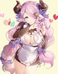  +_+ 1girl apron bangs blush bow braid breasts brown_dress cleavage cleavage_cutout closed_mouth cowboy_shot doraf dress frilled_apron frills granblue_fantasy hair_bow hair_ornament heart heart_hair_ornament heart_hands horns large_breasts long_hair long_sleeves looking_at_viewer narumeia_(granblue_fantasy) pink_hair pointy_ears sakuragi_kei shiny shiny_hair simple_background smile solo standing striped sweater sweater_dress swept_bangs thighs twin_braids vertical-striped_dress vertical_stripes very_long_hair violet_eyes white_apron yellow_background 