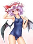  1girl alternate_costume arm_behind_head arm_up armpits bat_wings black_wings blue_swimsuit blush breasts collarbone contrapposto covered_navel cowboy_shot eyebrows_visible_through_hair gluteal_fold gradient gradient_background hair_between_eyes hat hat_ribbon highres looking_at_viewer mob_cap old_school_swimsuit one-piece_swimsuit parted_lips pink_hair pointing pointing_at_self red_eyes red_ribbon remilia_scarlet ribbon roura school_swimsuit skin_tight small_breasts solo standing swimsuit touhou white_background white_hat wings 