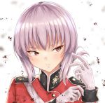  1girl akamin blurry brown_eyes closed_mouth depth_of_field fate/grand_order fate_(series) florence_nightingale_(fate/grand_order) frown gloves head_tilt lavender_hair long_sleeves looking_away solo upper_body v-shaped_eyebrows white_background white_gloves 