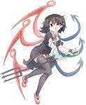  1girl :o asymmetrical_hair asymmetrical_wings black_dress black_hair bow dress highres houjuu_nue looking_at_viewer mary_janes pointy_ears polearm red_eyes red_footwear shoe_bow shoes snake solo tarumaru thigh-highs touhou trident weapon wings zettai_ryouiki 