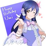 1girl bangs birthday blue_hair blush butterfly_hair_ornament character_name eyebrows_visible_through_hair feathered_wings flower hair_flower hair_ornament happy_birthday heart kwk long_hair looking_at_viewer love_live! love_live!_school_idol_festival love_live!_school_idol_project microphone one_eye_closed ribbon simple_background sleeveless smile solo sonoda_umi upper_body white_wings wings x_hair_ornament yellow_eyes 