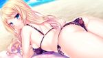  1girl ass bangs beach bikini black_bikini blonde_hair blue_eyes blue_sky blush breasts closed_eyes clouds cloudy_sky day eyebrows_visible_through_hair eyelashes fingernails floral_print from_behind game_cg half-closed_eyes horizon lips lisa_(tropical_liquor) long_fingernails long_hair looking_at_viewer looking_back lying medium_breasts ocean on_stomach outdoors sand sayori shiny shiny_skin shoulder_blades side-tie_bikini sidelocks skindentation sky small_breasts smile solo swimsuit thighs tropical_liquor twisted_neck water 