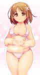  1girl belly belly_grab bikini blush breasts brown_eyes brown_hair chingisu curvy flower hair_flower hair_ornament highres idolmaster idolmaster_cinderella_girls mimura_kanako muffin_top navel pinching plump short_hair simple_background striped striped_bikini sweat swimsuit thighs weight_conscious 