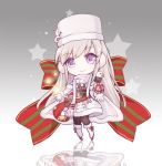  1girl animal azur_lane bangs bird black_legwear blush boots bow box chibi cloak closed_mouth dress eagle earmuffs enterprise_(azur_lane) enterprise_(reindeer_master)_(azur_lane) eyebrows_visible_through_hair fur-trimmed_boots fur-trimmed_cloak fur-trimmed_dress fur-trimmed_gloves fur_trim gift gift_box gloves gradient gradient_background grey_background hat head_tilt knee_boots light_brown_hair long_hair long_sleeves looking_at_viewer maodouzi pantyhose reflection ribbon smile solo star striped striped_bow striped_ribbon very_long_hair violet_eyes white_background white_cloak white_dress white_footwear white_gloves white_hat 