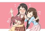  artist_request black_hair blush brown_hair flying_sweatdrops heart hug idolmaster idolmaster_cinderella_girls long_hair mellow_yellow mizumoto_yukari multiple_girls nakano_yuka ponytail shiina_noriko simple_background smile twintails 