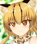  1girl animal_ears blonde_hair bow bowtie highres kemono_friends multicolored_hair ocelot_(kemono_friends) ocelot_ears orange_eyes shiraha_maru short_hair sleeveless smile 