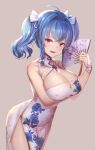  1girl :d ahoge azur_lane bangs bare_shoulders blue_hair braid breast_hold breasts brown_background china_dress chinese_clothes cleavage cleavage_cutout dolce_(dolsuke) dress erect_nipples fan floral_print folding_fan hair_ribbon holding large_breasts open_mouth pelvic_curtain pink_eyes ribbon shiny shiny_skin simple_background sleeveless sleeveless_dress smile solo st._louis_(azur_lane) twin_braids twintails white_dress 