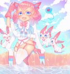  1girl bangs blue_eyes blue_sky blush bow butterfly clouds cloudy_sky dear-cotton-candy fang garter_belt garter_straps gloves gradient_sky hair_between_eyes hand_up heart looking_at_viewer medium_hair open_mouth outdoors personification pink_gloves pink_hair pokemon pokemon_(creature) sitting skindentation sky smile sylveon tail thigh-highs water 
