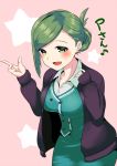  1girl asymmetrical_hair blush breasts buttons cardigan folded_ponytail formal green_eyes green_hair haibarasaika hair_bun hand_on_own_chest hands_up idolmaster idolmaster_shiny_colors index_finger_raised jacket long_hair looking_at_viewer medium_breasts nanakusa_hazuki office_lady open_cardigan open_clothes open_jacket open_mouth pencil_skirt pink_background purple_jacket sidelocks simple_background skirt sleeves_past_wrists smile solo star suit tareme 