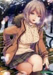  1girl absurdres artist_name bangs bench breasts breath buttons coat eyebrows_visible_through_hair fur_trim hand_in_pocket highres jewelry legs_crossed long_sleeves looking_at_viewer medium_breasts melonbooks moneti_(daifuku) necklace open_clothes open_mouth outdoors pantyhose park_bench ribbed_sweater scan short_hair sitting smile snow snowing solo steam sweater turtleneck turtleneck_sweater undressing violet_eyes winter_clothes winter_coat 