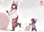  2girls :3 beanie black_footwear black_hair blue_eyes blue_hat brown_skirt commentary_request dated grey_coat hair_over_shoulder hat kanon_(kurogane_knights) kantai_collection logo long_hair multiple_girls red_eyes rolling shigure_(kantai_collection) short_hair skirt snowball white_hat winter_clothes yamashiro_(kantai_collection) younger 