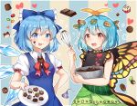  &gt;:p 2girls antennae aqua_hair bare_arms bare_shoulders black_dress blue_background blue_bow blue_dress blue_hair blush bow bowl breasts butterfly_wings caramell0501 chocolate cirno commentary dress eternity_larva eyebrows_visible_through_hair green_dress hair_bow hair_ornament heart holding holding_bowl holding_plate ice ice_wings leaf leaf_hair_ornament looking_at_viewer medium_breasts multicolored multicolored_clothes multicolored_dress multiple_girls neck_bow open_mouth pasties plate puffy_short_sleeves puffy_sleeves red_bow red_neckwear short_sleeves sleeveless sleeveless_dress smile striped striped_background tongue tongue_out touhou upper_body v-shaped_eyebrows valentine whisk wings yellow_background 