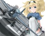  1girl belt_buckle blonde_hair blue_eyes breast_pocket breasts buckle buttons flight_deck gambier_bay_(kantai_collection) gloves hair_between_eyes highres kantai_collection large_breasts long_hair pocket redundant-cat shorts solo tbf_avenger thigh-highs twintails white_gloves white_legwear 